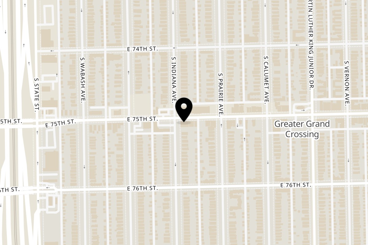 Map showing the location of Soul Veg City on 203 E 75th St in Chicago